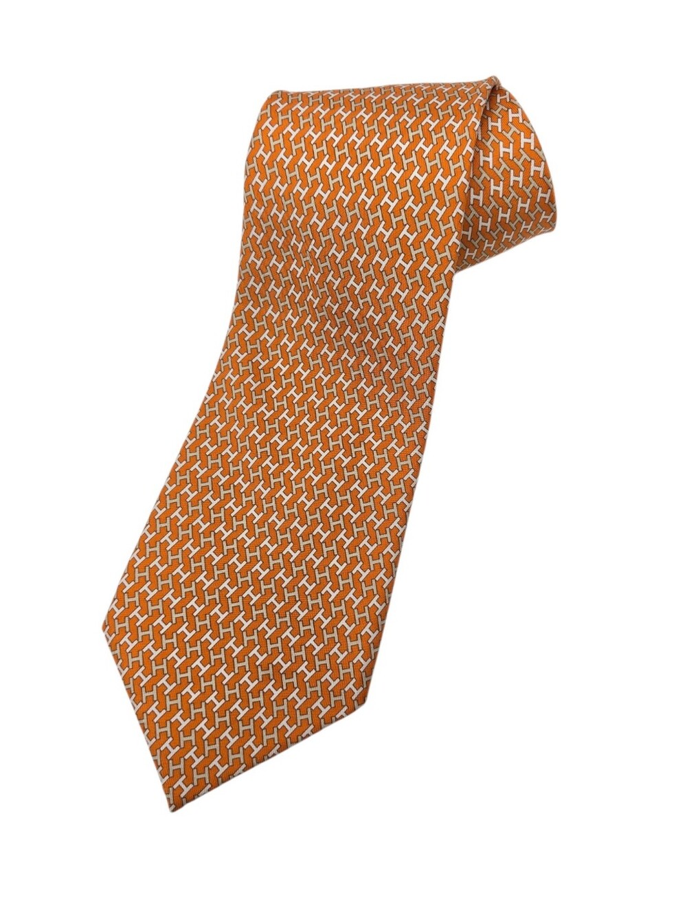 Vintage Hermes Paris Silk Tie Orange Repeating H Pattern Extra Long 62"